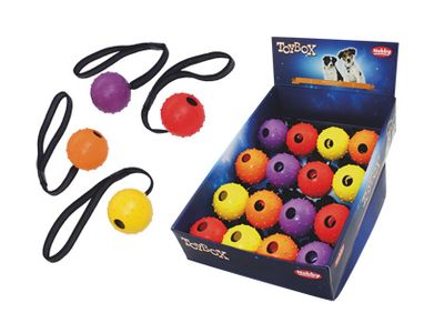 Dog toy rubber ball with strap.
